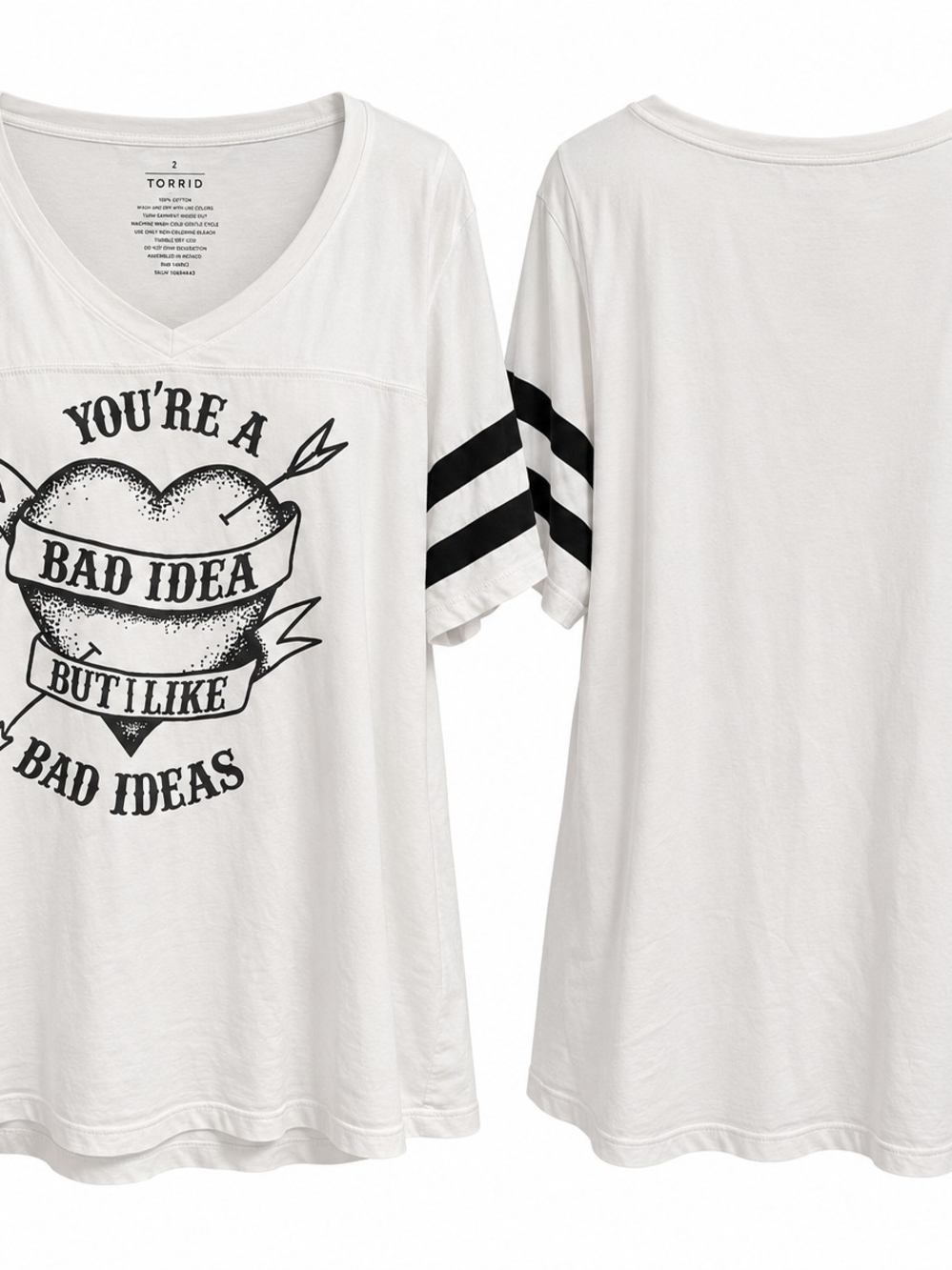 torrid White Graphic V-Neck Tee with Black Print and Stripes